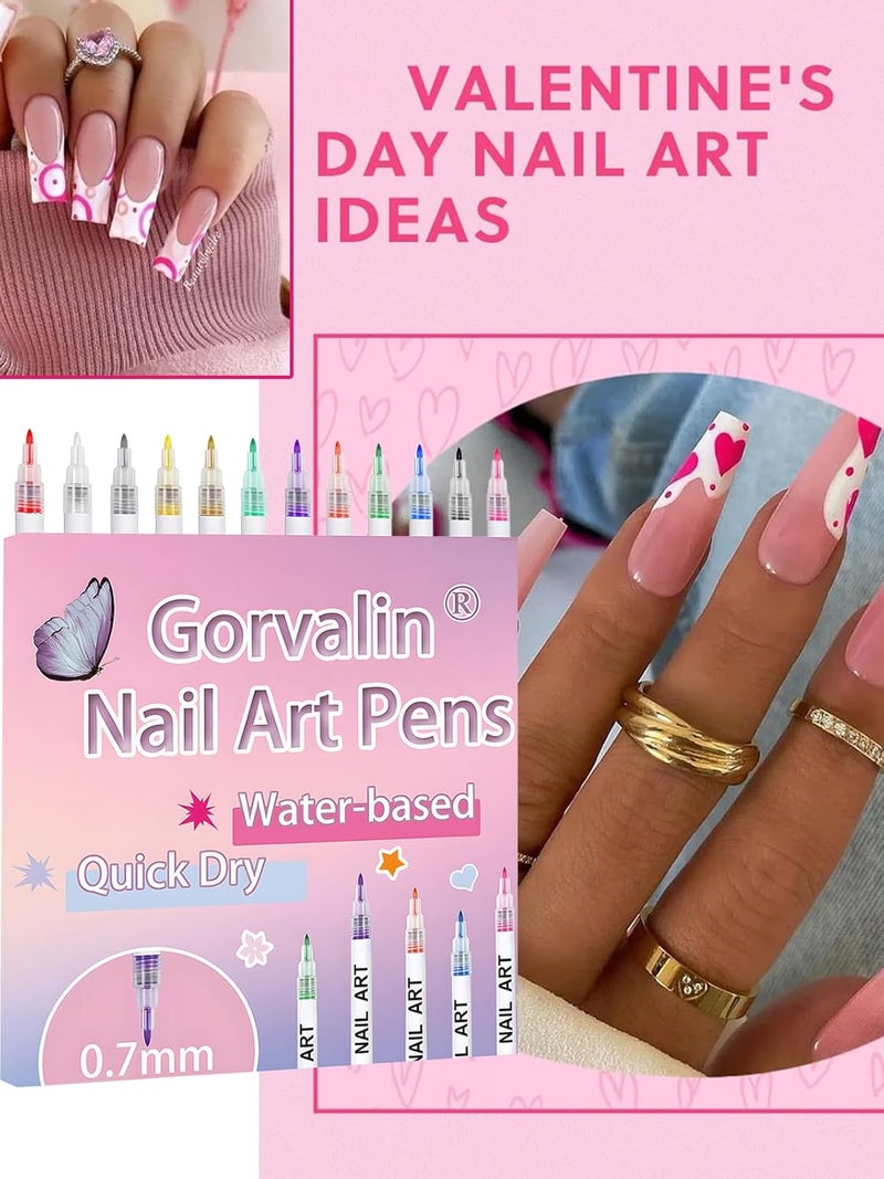 Gorvalin 12 Colors Nail Art Pens, 3D Quick Dry Nail Point Graffiti Dotting Liner Pen Sets Nail Art Painted Pen Drawing Nail Design Kit for Nail DIY Decoration Valentine Gift - Image 3